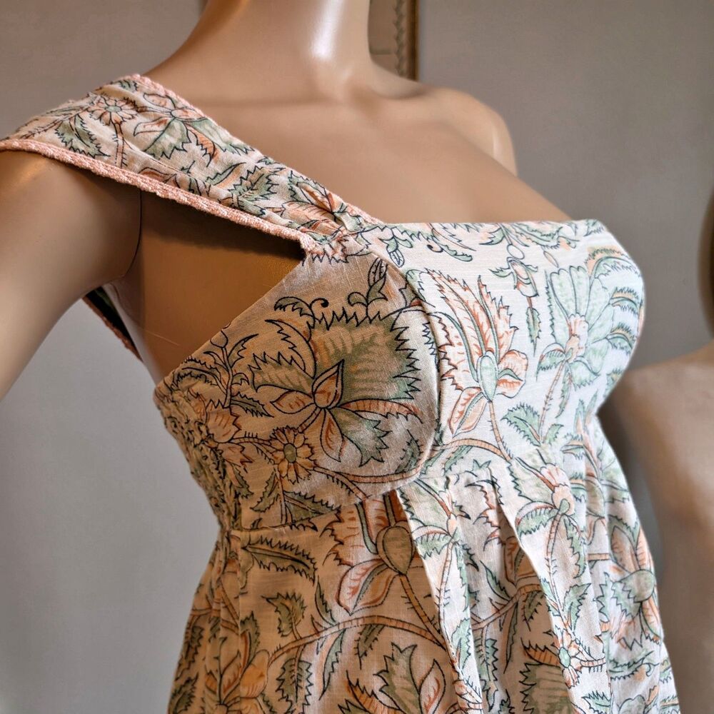 Vintage Y2K Free People Mini Dress One Shoulder Babydoll Floral Shirring Size 2